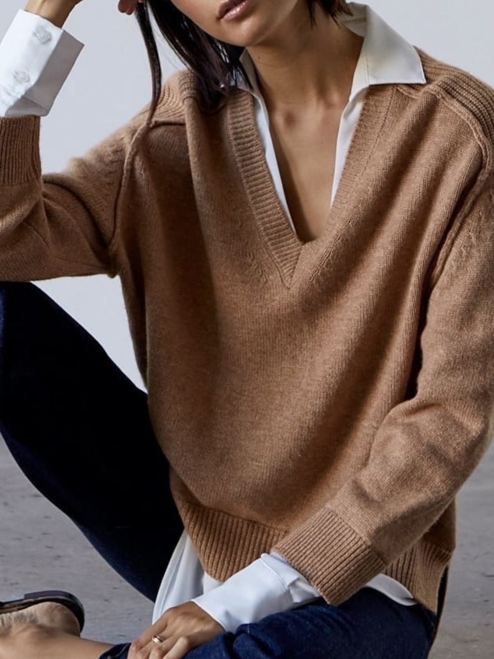 Brochu Walker The Looker Layered V-Neck Camel Cashmere Blend Sweater S